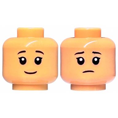 medium tan minifigure head dual sided child female black eyebrows single eyelashes grin sad frown pattern