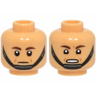 medium tan minifigure head dual sided dark brown eyebrows black chin strap medium nougat cheek lines neutral scared open mouth with teeth pattern