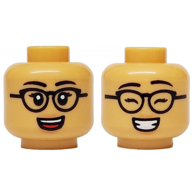 medium tan minifigure head dual sided female black eyebrows eyelashes and glasses open mouth grin with teeth and red tongue eyes closed pattern