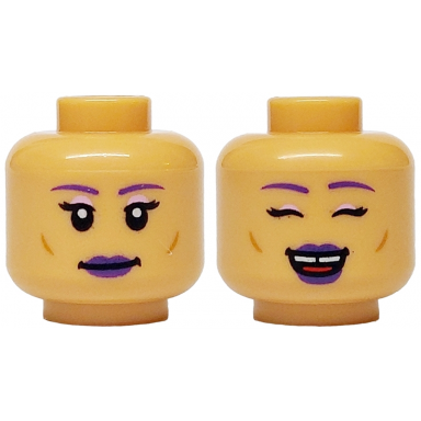 medium tan minifigure head dual sided female dark purple eyebrows and lips black eyelashes bright pink eye shadow closed mouth smile eyes closed with red tongue and gap in teeth pattern