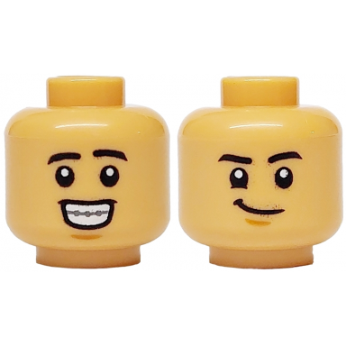 medium tan minifigure head dual sided black eyebrows open mouth grin with teeth and braces smirk pattern