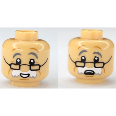 medium tan minifigure head dual sided dark bluish gray eyebrows black glasses white moustache medium nougat wrinkles open mouth smile scared pattern