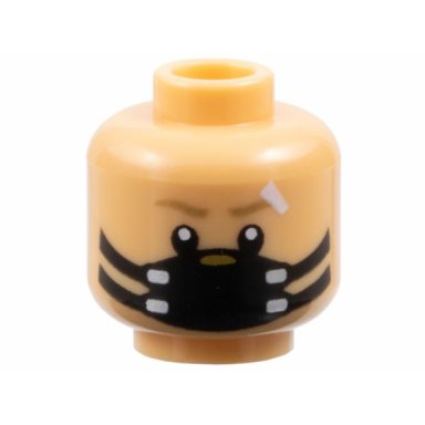 medium tan minifigure head dark tan eyebrows white bandage black dust mask gold and silver trim pattern