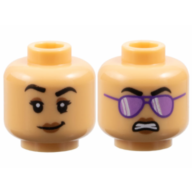 medium tan minifigure head dual sided female black eyebrows and eyelashes medium brown eyelids and lips lopsided grin with raised eyebrow right scowl with dark purple sunglasses with medium lavender lenses pattern