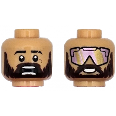 medium tan minifigure head dual sided black eyebrows scar dark brown moustache full beard scared open mouth with teeth parted open mouth smile metallic pink and gold sunglasses pattern