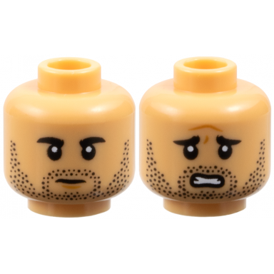 medium tan minifigure head dual sided black eyebrows moustache stubble medium nougat chin dimple stern worried open mouth with teeth and forehead crease pattern