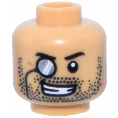 medium tan minifigure head black eyebrows and stubble black monocle right with silver and white lens open mouth grin with teeth pattern