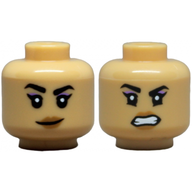 medium tan minifigure head dual sided female black eyebrows medium lavender eye shadow medium nougat lips crooked smile open mouth scowl with teeth pattern