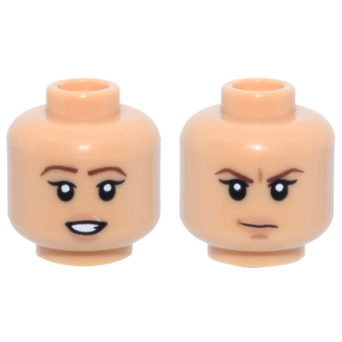medium tan minifigure head dual sided female thin reddish brown eyebrows black eyelashes nougat lips open mouth smile closed mouth frown pattern