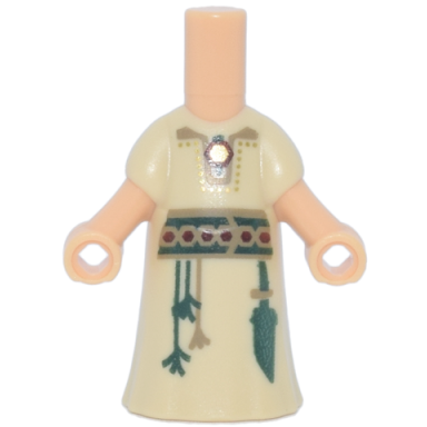 medium tan micro doll body with molded tan dress and printed gold and dark red pendant dark tan and dark green belt with tassels and knife pouch pattern