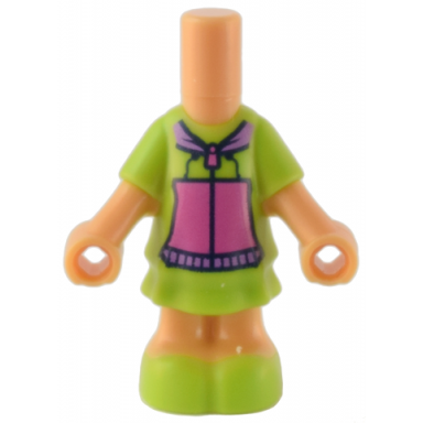 medium tan micro doll body with molded lime short layered dress and shoes and printed hoodie with dark pink zipper and pockets medium lavender hood and waistband pattern