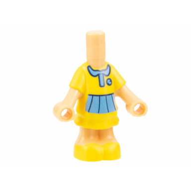 medium tan micro doll body with molded yellow short layered dress and shoes and printed medium blue collar badge and skirt pattern