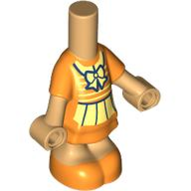 medium tan micro doll body with molded orange short layered dress and shoes and printed bright light yellow collar with bow horizontal stripes and skirt pattern