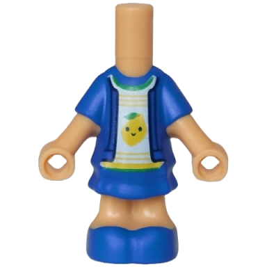 medium tan micro doll body with molded blue short layered dress and shoes and printed white shirt with bright green collar and leaves yellow lemon and stripes pattern