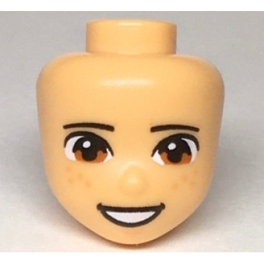 medium tan mini doll head friends with black eyebrows dark orange eyes freckles and open mouth smile with teeth pattern