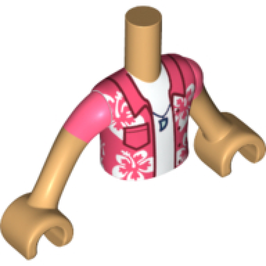 medium tan torso mini doll boy coral shirt with pocket and white flowers dark blue necklace undershirt pattern medium tan arms with hands with coral short sleeves