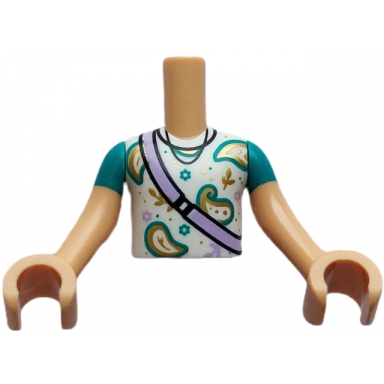 medium tan torso mini doll boy white shirt gold symbols lavender shoulder bag pattern medium tan arms with hands with dark turquoise short sleeves