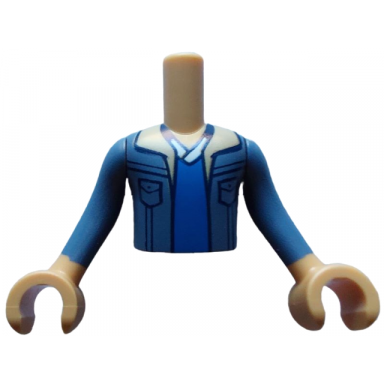 medium tan torso mini doll boy sand blue jacket with tan lapels over blue and white shirt pattern medium tan arms with hands with sand blue long sleeves