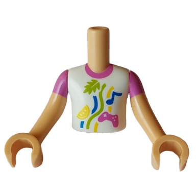 medium tan torso mini doll boy white shirt with dark pink collar and game controller blue musical note lime leave yellow lemon slice and lines pattern medium tan arms with hands with dark pink short sleeves