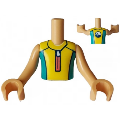 medium tan torso mini doll boy yellow and dark turquoise wetsuit with coral zipper and dolphin whale logo on back pattern medium tan arms with hands