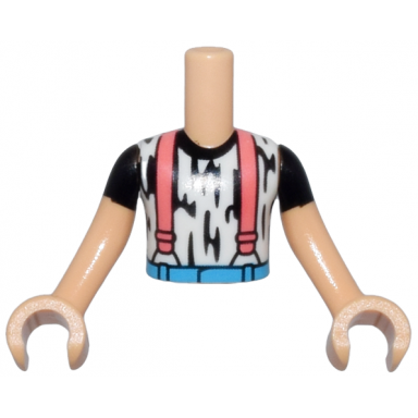 medium tan torso mini doll boy white shirt with black stripes coral suspenders and dark azure belt pattern medium tan arms with hands with black short sleeves