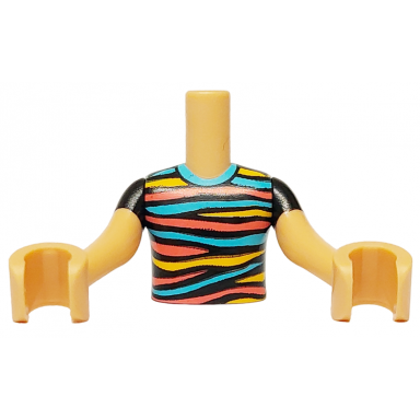 medium tan torso mini doll boy black shirt with bright light orange coral and medium azure stripes pattern medium tan arms with hands with black short sleeves
