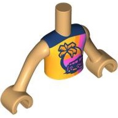 medium tan torso mini doll boy bright light orange sleeveless shirt with dark blue shoulders palm tree van and sunset pattern medium tan arms with hands