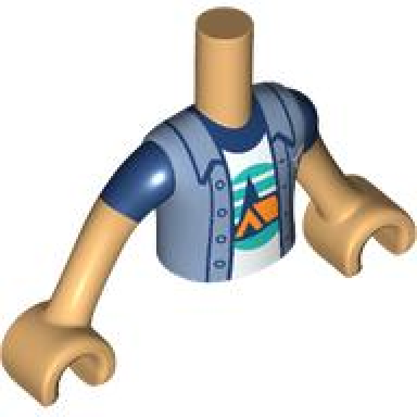 medium tan torso mini doll boy sand blue jacket over white t-shirt with orange tent dark blue trees dark turquoise sky and ground pattern medium tan arms with hands with dark blue short sleeves