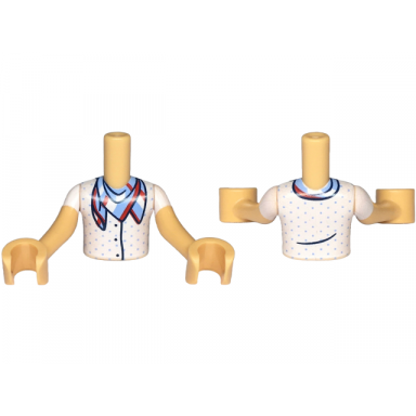 medium tan torso mini doll boy white shirt with polka dots and three dark blue buttons and red white and bright light blue bandana pattern medium tan arms with hands with white short sleeves