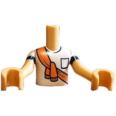 medium tan torso mini doll boy white t-shirt with black pocket and trim and coral scarf pattern medium tan arms with hands with white short sleeves and black trim