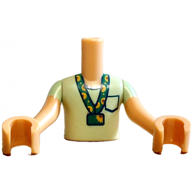 medium tan torso mini doll boy yellowish green t-shirt with black pocket and trim and green scarf with reddish brown and yellow dots pattern medium tan arms with hands with yellowish green short sleeves