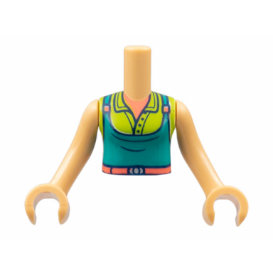 medium tan torso mini doll girl coral neck and belt lime shirt dark turquoise apron pattern medium tan arms with hands