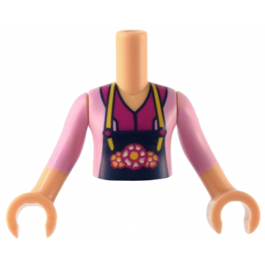 medium tan torso mini doll girl bright pink top over magenta shirt dark blue apron with flowers pattern medium tan arms with hands with bright pink sleeves