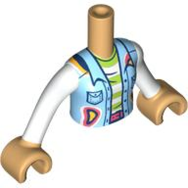 medium tan torso mini doll girl bright light blue vest with pockets and lime and white striped shirt pattern medium tan arms with hands with white long sleeves