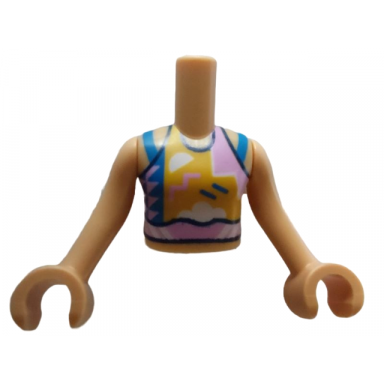 medium tan torso mini doll girl bright light orange top with blue bright pink and white symbols and blue straps pattern medium tan arms with hands