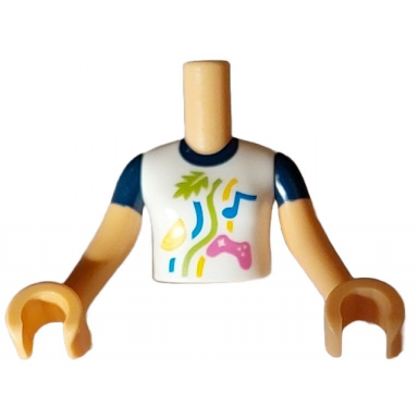medium tan torso mini doll girl white shirt with dark blue collar dark pink video game controller blue musical note lime leaf yellow lemon slice wavy lines pattern medium tan arms with hands with dark blue short sleeves