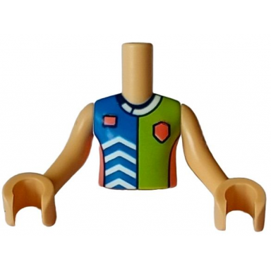 medium tan torso mini doll girl blue lime and coral sports uniform shirt with white chevrons and collar dark blue number 2 on back pattern medium tan arms with hands