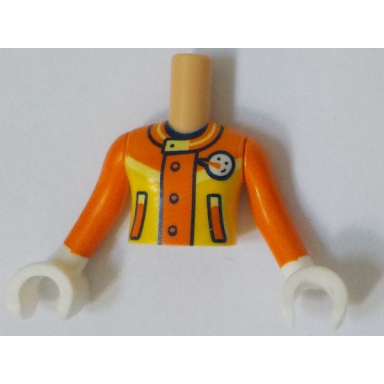 medium tan torso mini doll girl yellow and orange ski suit jacket with black outlined pockets buttons and collar with white snowman face pattern orange arms sleeves with white hands gloves