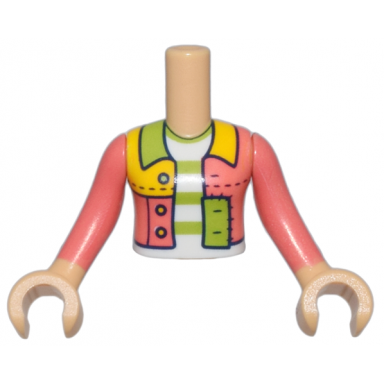 medium tan torso mini doll girl coral lime and bright light orange patchwork jacket open over white shirt with stripes pattern medium tan arms with hands with coral long sleeves