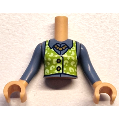 medium tan torso mini doll girl lime vest with yellowish green spots gold necklace and 2 buttons over sand blue blouse pattern medium tan arms with hands with sand blue long sleeves