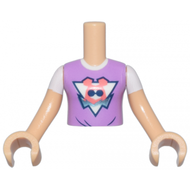 medium tan torso mini doll girl medium lavender and white top with ley-la mini doll silhouette with coral hair and dark blue sunglasses on triangle pattern medium tan arms with hands with white short sleeves