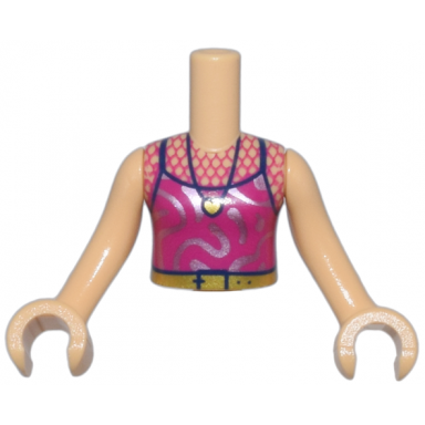 medium tan torso mini doll girl magenta tank top with mesh silver swirls and gold and dark blue belt and necklace pattern medium tan arms with hands