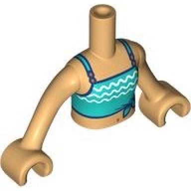medium tan torso mini doll girl dark turquoise swimsuit top with white wavy stripes pattern medium tan arms with hands