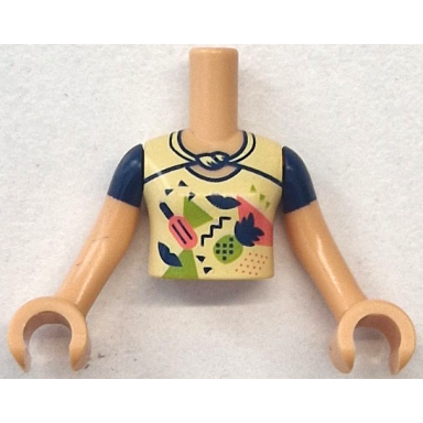 medium tan torso mini doll girl bright light yellow top with coral and lime popsicle pineapple triangles and shapes pattern medium tan arms with hands with dark blue short sleeves