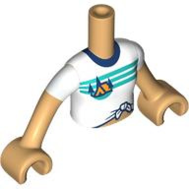 medium tan torso mini doll girl white knotted t-shirt with orange tent and dark blue trees dark turquoise sky stripes and ground pattern medium tan arms with hands with white short sleeves