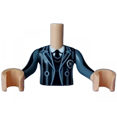 medium tan torso mini doll girl dark bluish gray striped jacket over black sweater and tie over white shirt pattern medium tan arms with hands with black long sleeves with dark bluish gray stripes