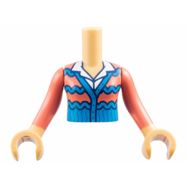 medium tan torso mini doll girl coral cardigan sweater with dark azure wavy stripes and trim over white shirt pattern medium tan arms with hands with coral long sleeves