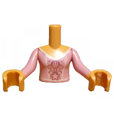 medium tan torso mini doll girl bright pink dress top with metallic pink shell stars filigree and lines pattern medium tan arms with hands with bright pink long sleeves with white drops