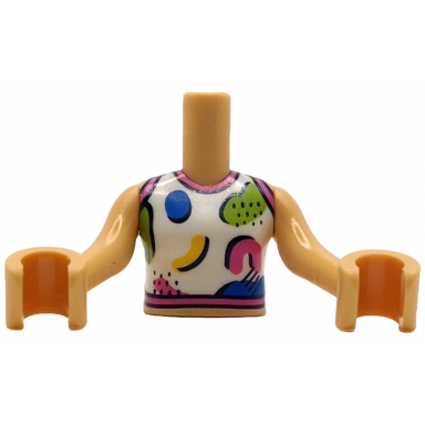 medium tan torso mini doll girl white tank top with dark pink trim black lines and dots and blue lime and yellow shapes pattern medium tan arms with hands