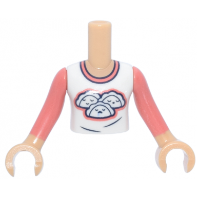 medium tan torso mini doll girl white t-shirt with dumplings sleeping faces coral and dark blue trim pattern medium tan arms with hands with coral long sleeves